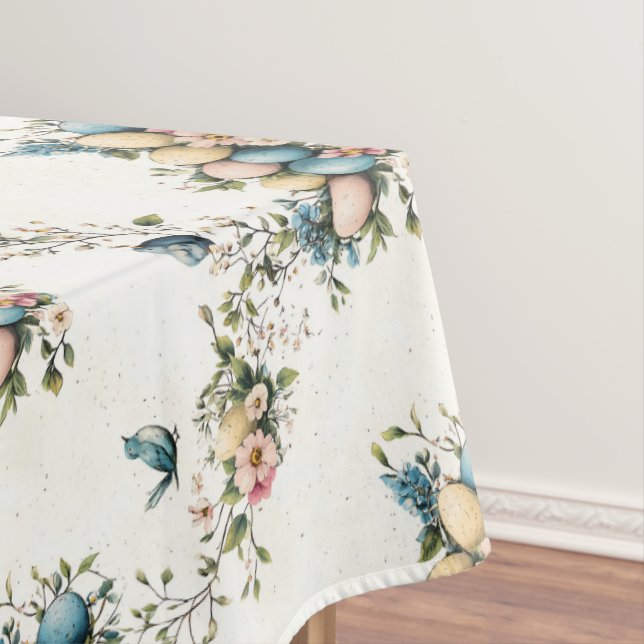 Charming Watercolor Easter Birds & Floral Spring Tablecloth (In Situ)