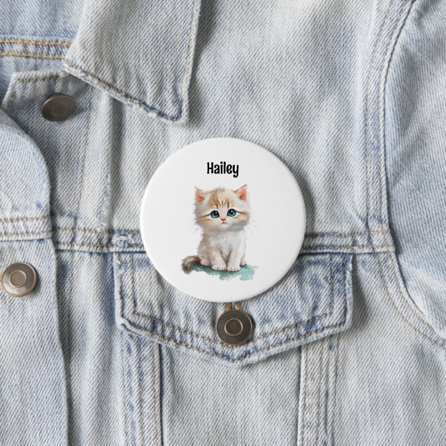 Charming Watercolor Kitten with Blue Eyes Button (In Situ)