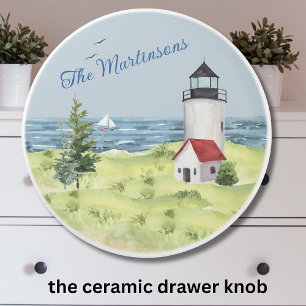 Charming Watercolor Lighthouse Coastal Scene Name Ceramic Knob