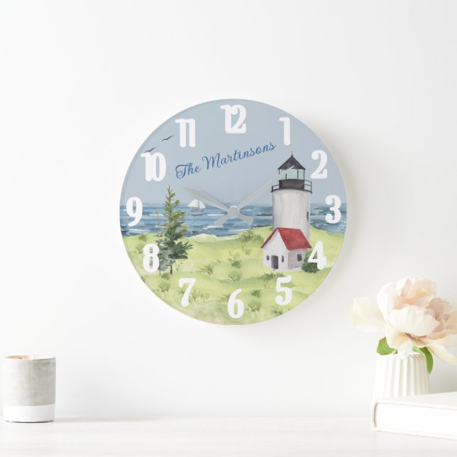 Charming Watercolor Lighthouse Coastal Scene Name  Large Clock (Home)