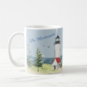 Charming Watercolor Lighthouse Scene Name Coffee Mug