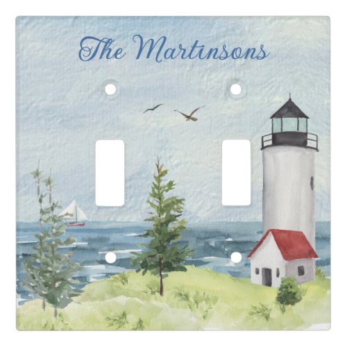 Charming Watercolor Lighthouse Scene Name  Light Switch Cover