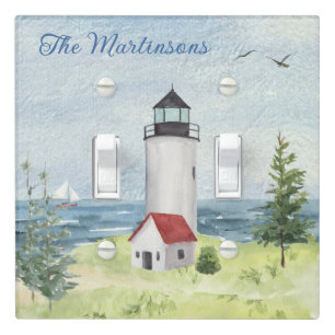 Charming Watercolor Lighthouse Scene Name Light Switch Cover