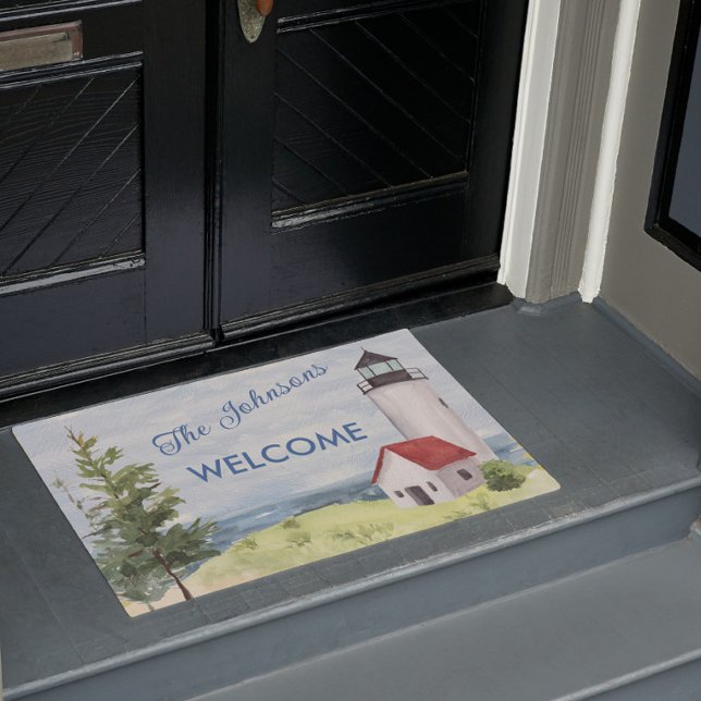 Charming Watercolor Lighthouse Scene Welcome Name  Doormat (Creator Uploaded)