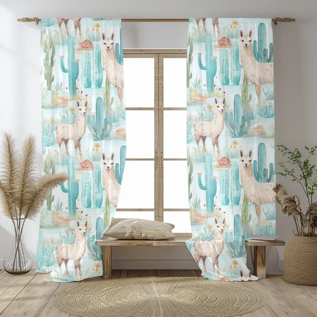  Charming Watercolor Llama & Desert Cacti Pattern Sheer Curtains (Creator Uploaded)