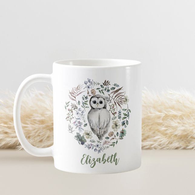 Charming Watercolor Owl Floral Wreath Personalized Coffee Mug (Creator Uploaded)
