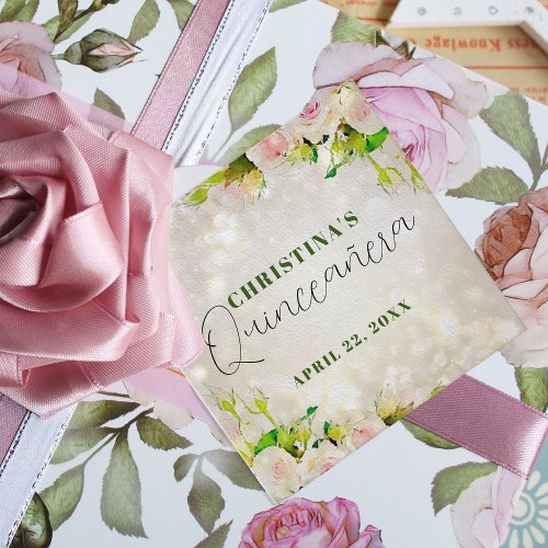 Charming Watercolor Pink Roses Quinceaera Favor Tags