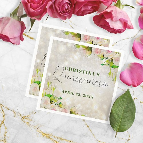 Charming Watercolor Pink Roses Quinceaera Napkins