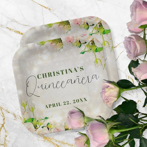 Charming Watercolor Pink Roses Quinceaera Paper Plates