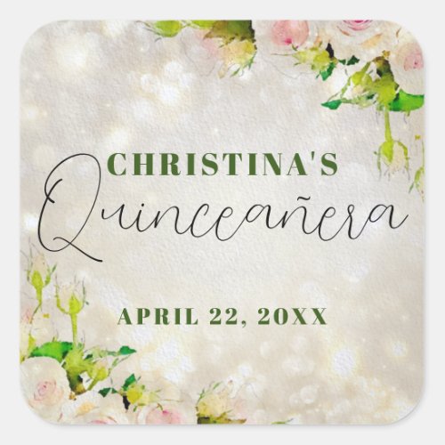 Charming Watercolor Pink Roses Quinceaera Square Sticker