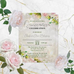 Charming Watercolor Roses Quinceañera Invitation