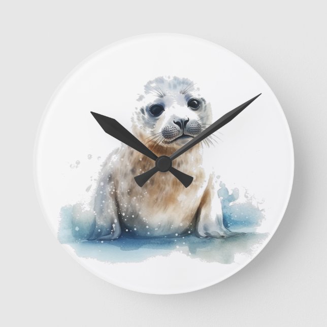  Charming Watercolor Seal Pup Round Clock (Front)
