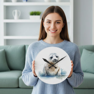  Charming Watercolor Seal Pup Round Clock