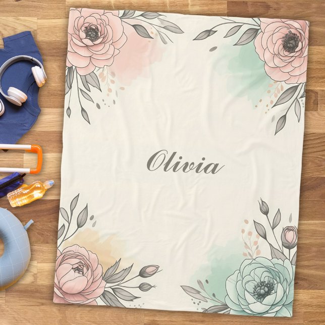 Charming Watercolor Sketchy Flowers Fleece Blanket (Creator Uploaded)