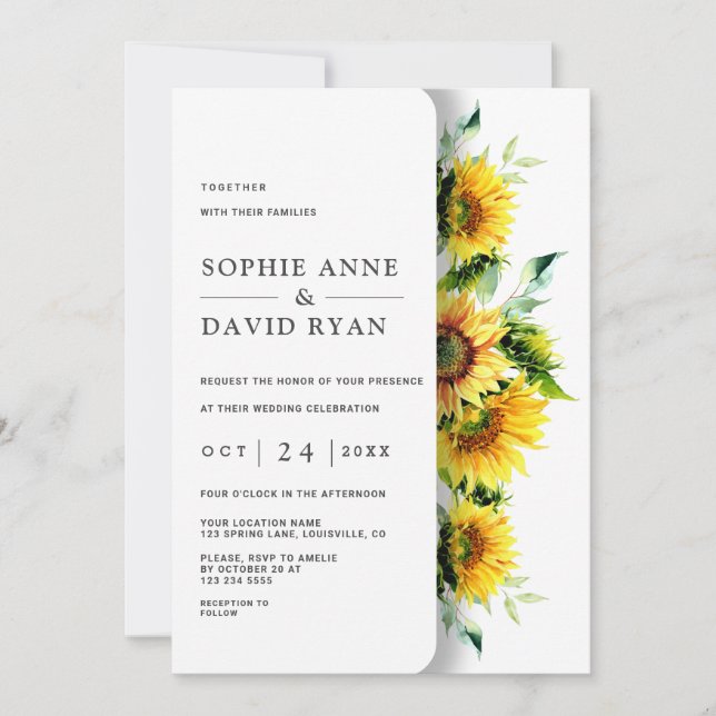 Charming Watercolor Sunflowers Wedding Invitation (Front)