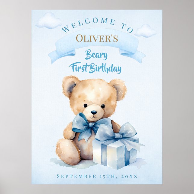 Charming Watercolor Teddy Bear Beary First Birthda Poster (Front)