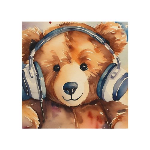 Charming Watercolor Teddy Bear with Headphones Wood Wall Art