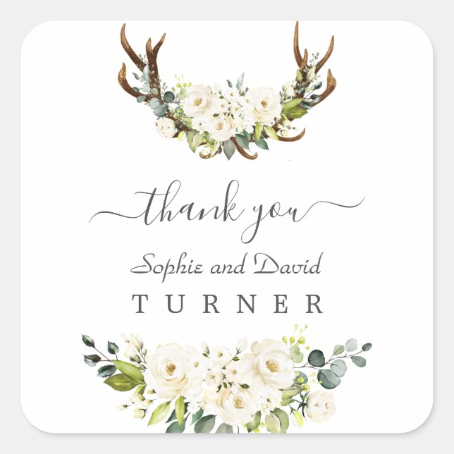 Charming Watercolor White Flowers Antlers Wedding Square Sticker (Front)