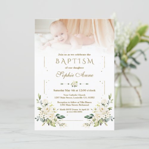 Charming Watercolor White Flowers Photo Baptism  Invitation