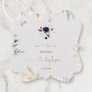 Charming Watercolour Blue Floral Gold Baptism Favor Tags