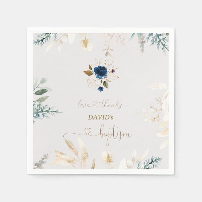Charming Watercolour Blue Floral Gold Baptism Napkins (Front)