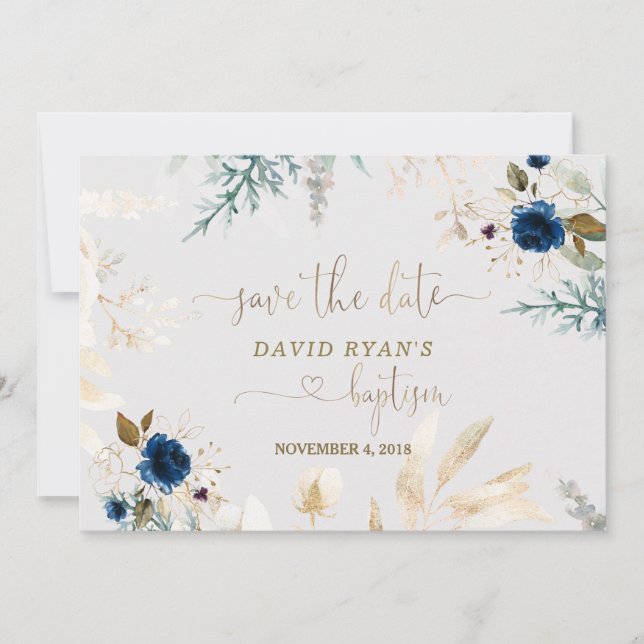 Charming Watercolour Blue Floral Gold Baptism Save The Date (Front)