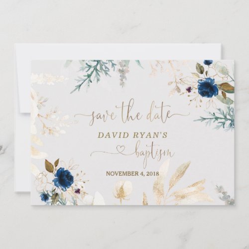 Charming Watercolour Blue Floral Gold Baptism Save The Date