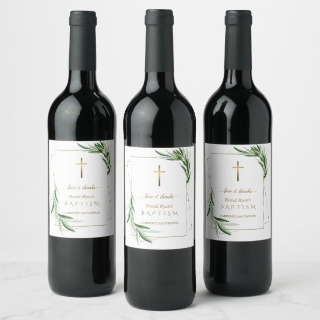 Charming Watercolour Olive Leaves Gold Baptism Wine Label (Bottles)