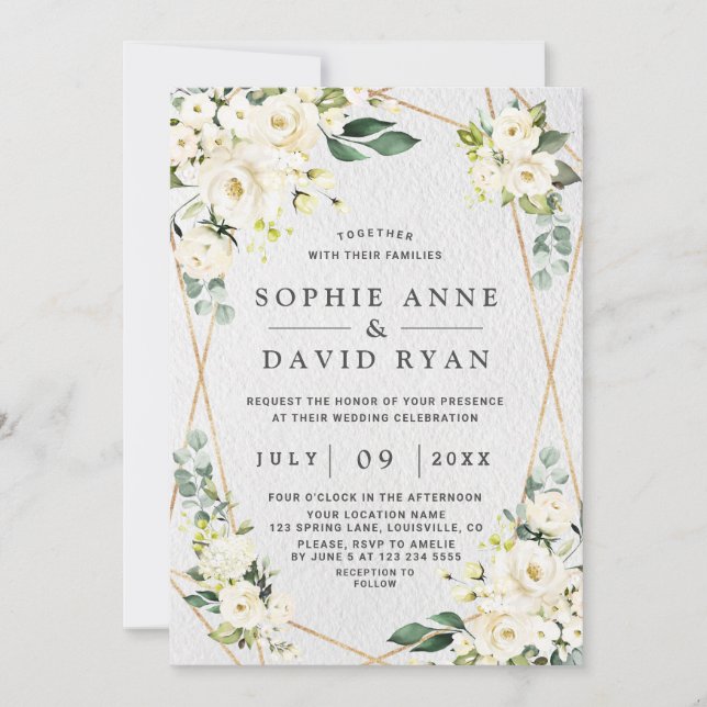 Charming Watercolour White Floral Gold Wedding Invitation (Front)