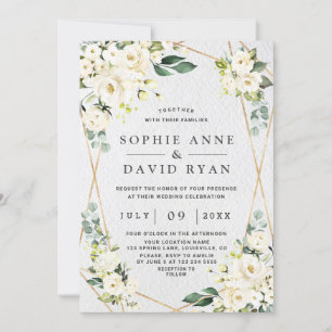 Charming Watercolour White Floral Gold Wedding Invitation