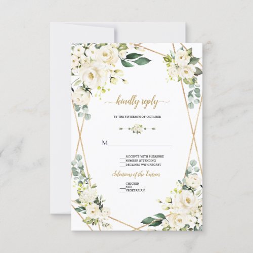 Charming Watercolour White Floral Gold Wedding RSVP Card