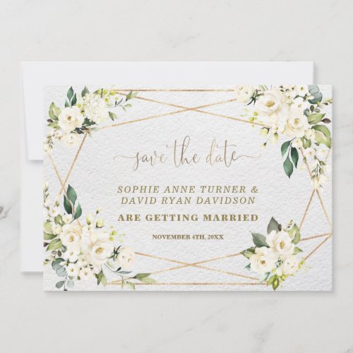 Charming Watercolour White Floral Gold Wedding Save The Date