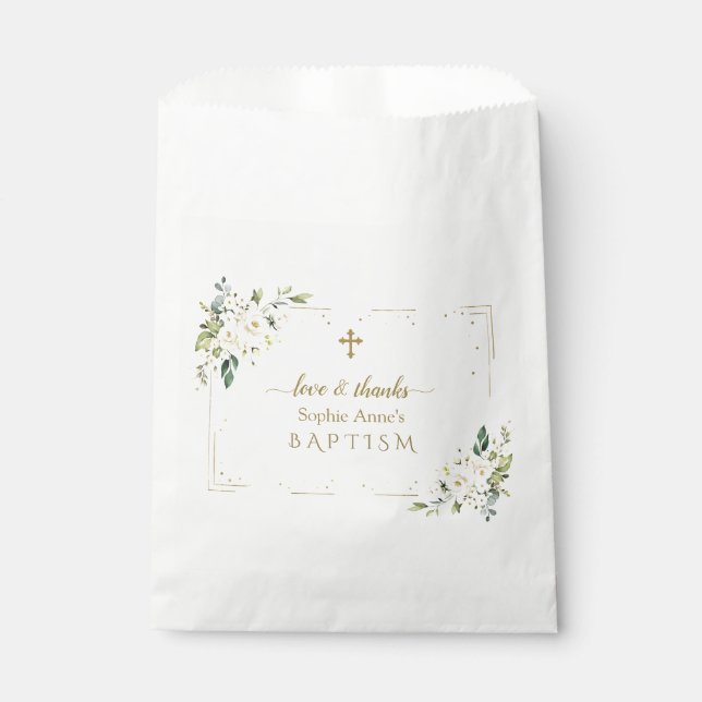 Charming Watercolour White Flowers Baptism Favor Bag (Front)