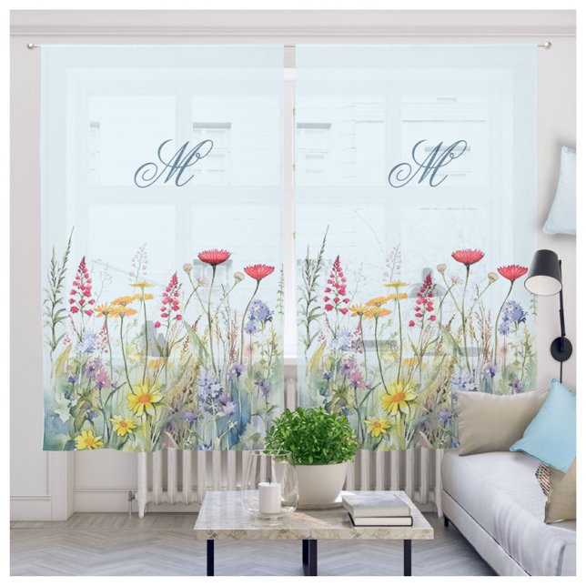 Charming Whimsical Wildflowers Blue Monogram  Sheer Curtains (Creator Uploaded)
