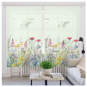 Charming Whimsical Wildflowers Green Monogram Sheer Curtains