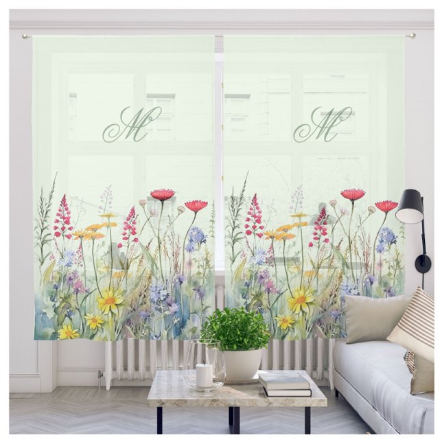 Charming Whimsical Wildflowers Green Monogram  Sheer Curtains (Creator Uploaded)