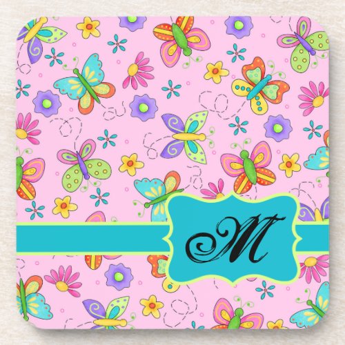 Charming Whimsy Butterflies Pink Monogram Beverage Coaster