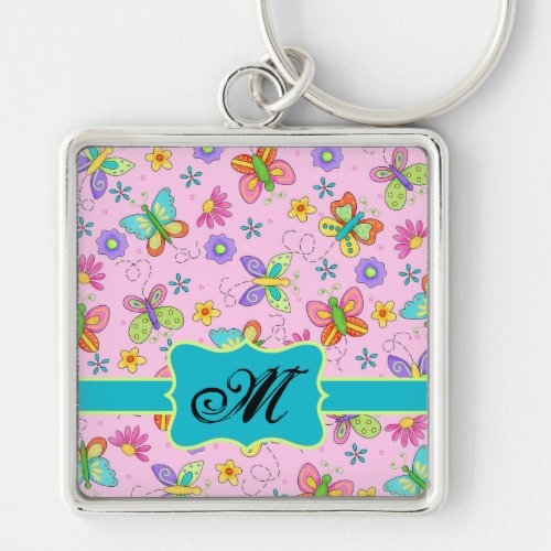 Charming Whimsy Butterflies Pink Monogram Keychain