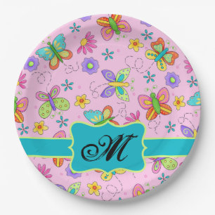 Charming Whimsy Butterflies Pink Monogram Paper Plates