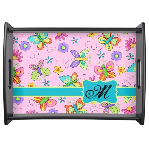 Charming Whimsy Butterflies Pink Monogram Serving Tray