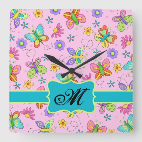 Charming Whimsy Butterflies Pink Monogram Square Wall Clock