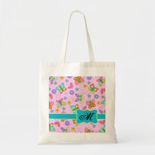 Charming Whimsy Butterflies Pink Monogram Tote Bag