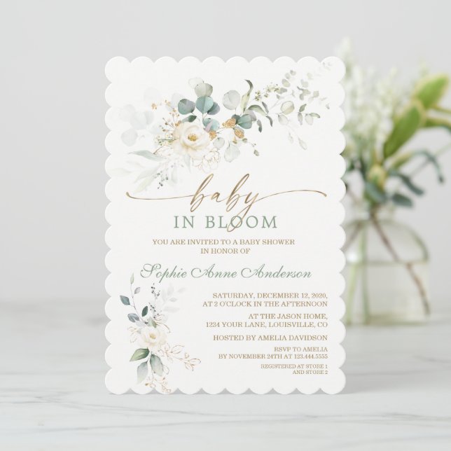 Charming White Floral Airy Leaves Baby in Bloom Invitation (Standing Front)