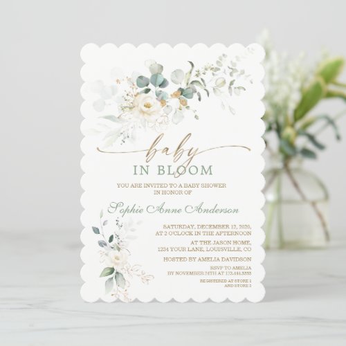 Charming White Floral Airy Leaves Baby in Bloom Invitation