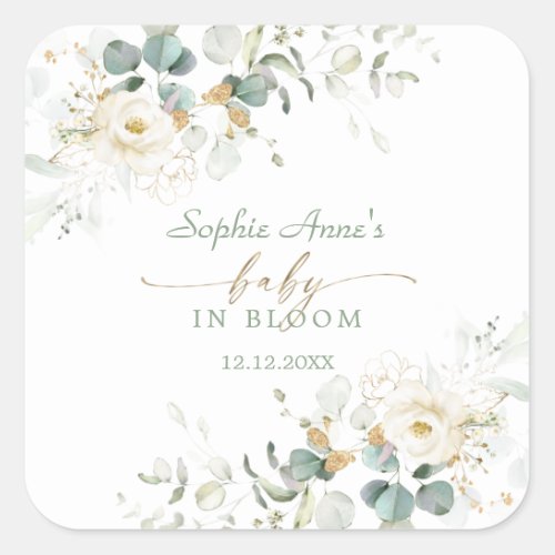 Charming White Floral Airy Leaves Baby in Bloom   Square Sticker