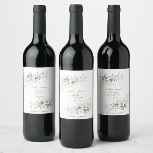 Charming White Floral Airy Leaves Baby in Bloom    Wine Label