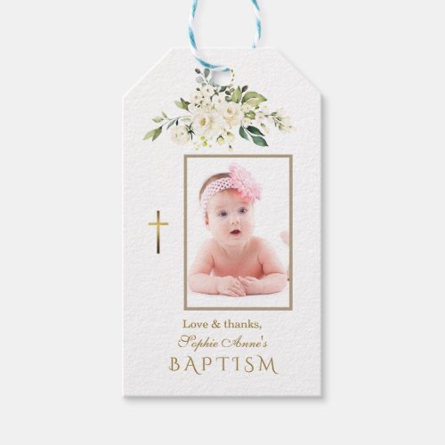  Charming White Floral Gold Girl Photo Baptism  Gift Tags