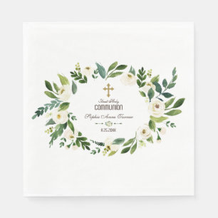 Charming White Floral Wreath Holy Communion Napkins