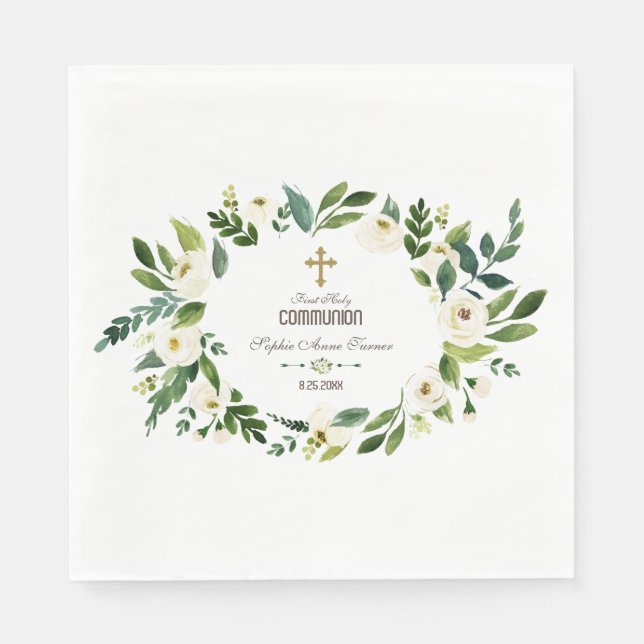 Charming White Floral Wreath Holy Communion Napkins (Front)