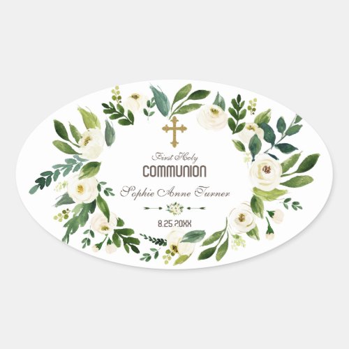 Charming White Floral Wreath Holy Communion Oval Sticker